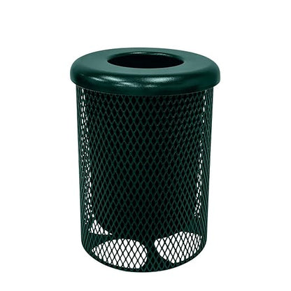 Coated Outdoor Furniture 32-Gallon Heavy-Duty Expanded Metal Round Trash Receptacle, Commercial Outdoor Waste Bin with Liner & Black Flat Top Lid – Made in America (Textured Dark Green)