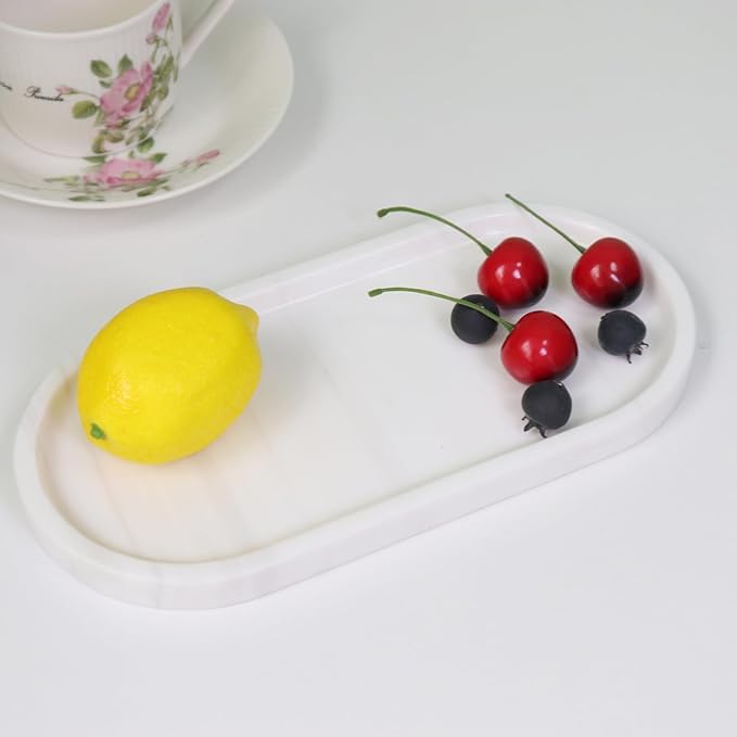 Natural Marble Tray, Oval Vanity Decorative Tray for Bathroom Counter, Countertop Stone Organizer, Catchall Tray for Kitchen, Perfume, Candles, Jewelry Dish Decorative Tray