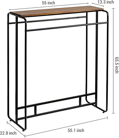 MyGift Dual Clothing Rack, Commercial Urban Black Metal Freestanding Large Garment Rack with Burnt Solid Wood Top Storage Shelf, Heavy Duty Double Rod Clothes Rack