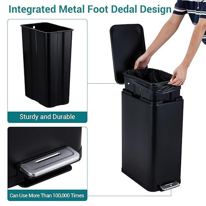 13.2 Gallon / 50L Kitchen Trash Can, Slim Stainless Steel Garbage Can with Removable Inner Bucket, Fingerprint-Proof Step Rubbish Bin with Soft-Close Lid for Narrow Space, Black