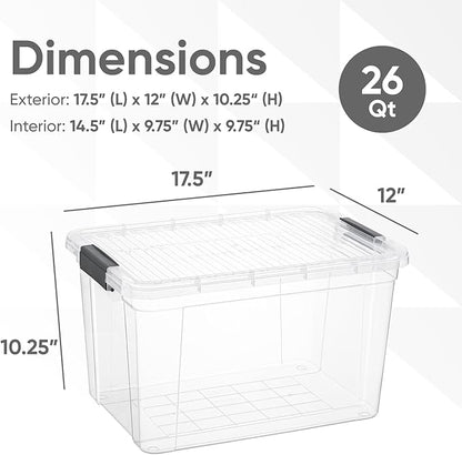 Superio Clear Storage Boxes with Lids, 26.5 Quart Plastic Container Bins for Organizing, Stackable Crates, BPA Free, Non Toxic, Odor Free, Organizers for Home, Office and Dorm, 4 Pack