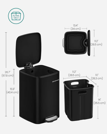 SONGMICS Kitchen Trash Can, 5.2-Gallon (20 L) Trash Bin, Stainless Steel Garbage Can, with Inner Bucket, Soft Close and Stays Open, Ink Black ULTB592B01