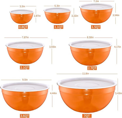 Orange Mixing Bowls with Lids Set of 7, Stainless Steel Nesting Bowl with Khaki Lid for Non-slip Mixing Prepping Storing Serving, 7 Sizes-7/3.6/2.7/2.1/1.5/1/0.8 QT