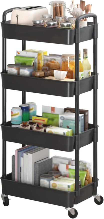 Sywhitta 4-Tier Plastic Rolling Utility Cart with Handle, Multi-Functional Storage Trolley for Office, Living Room, Kitchen, Movable Storage Organizer with Wheels, Black