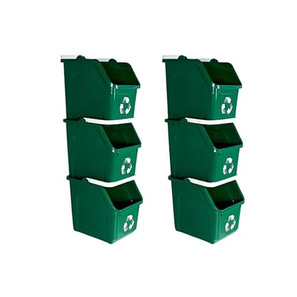 Multi Recycling Bin System with Three Stacking 6 Gallon Bins with Carrying Handles, Stackable and Compact for Offices, Homes, Garages, Businesses - (Green, 6 Pack)
