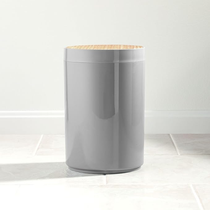 mDesign Plastic Round Trash Can Small Wastebasket - Garbage Bin Container with Swing-Close Lid - Bathroom Garbage Basket - Holds Waste, Recycling - 1.3 Gallon - Basa Collection - Gray/Natural