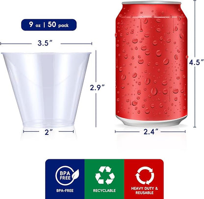 JOLLY CHEF 9 oz Clear Disposable Plastic Cups, 50 Pack Disposable Cups for Wedding,Thanksgiving, Christmas Party