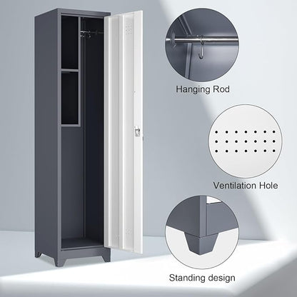 Metal Broom Storage Cabinets, Narrow Cabinet with Hooks, 65" Slim Bathroom Storage Cabinet with Shelves, Heavy-Duty Cleaning Cabinets for Utility Room, Gym, Office, Garage