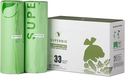 SUPERBIO 33 Gallon Compostable Yard Waste Bags, Lawn & Leaf Bags, 40 Count, ASTM D6400, BPI and OK compost INDUSTRIAL