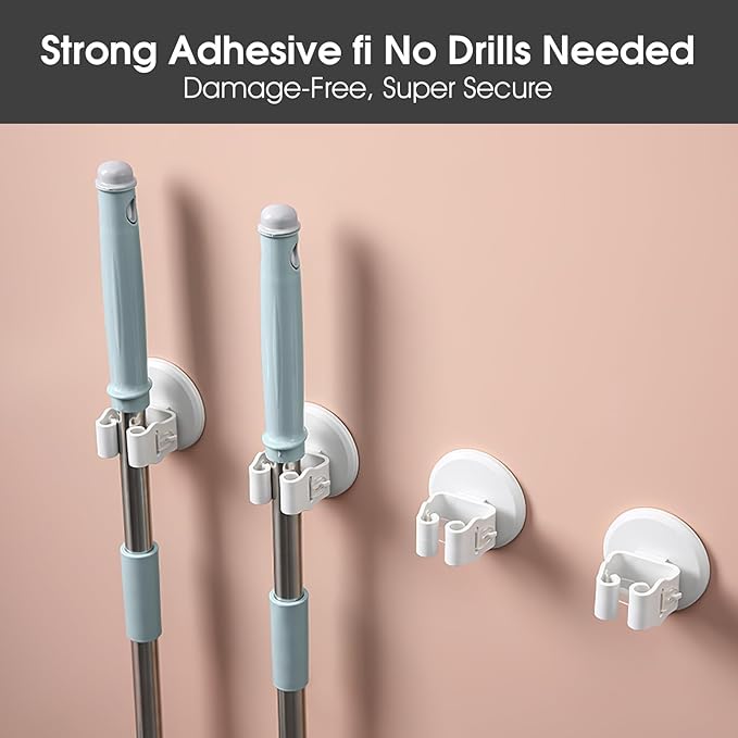 Mop Holder 3 Pack - Wall Mount Broom and Mop Grippers, No Drilling Self Adhesive Hooks, ABS Heavy Duty Storage Organizer for Kitchen, Garage, Bathroom