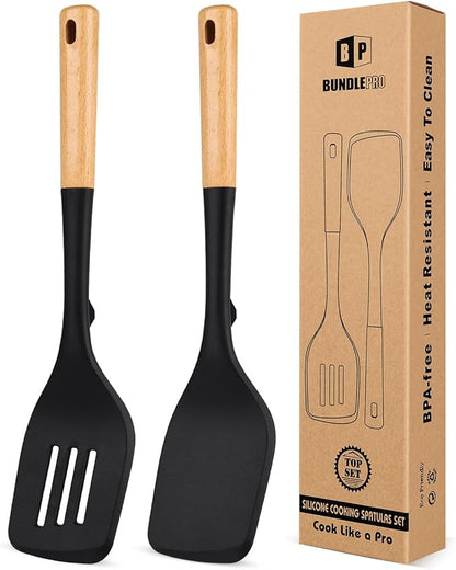 Pack of 2 Large Silicone Spatula, Heat Resistant Solid Turner, Non Stick Slotted Spatulas with Wooden Handle, Ideal Kitchen Utensils for Flipping, Pancakes, Eggs, Fish(BLACK)