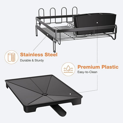 Dish Drying Rack,Extendable Dish Rack,Drying Rack with Automatic Drainboard，Dish Drainers for Kitchen Counter,Anti-Rust Dish Drainers with Cup Holders & Utensil,Black