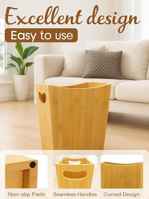 Wood Trash Can - Bedroom Trash Can Decorative with Handles - Bamboo Small Wastebaskets for Bathroom - 2 Gallon Rectangular Waste Basket for Office, Living Room, Kitchen Under Counter