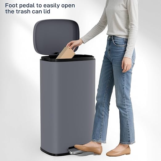 Arlopu 8 Gallon Step Trash Can, Stainless Steel Garbage Bin, Soft-Close Rubbish Bin with Removable Plastic Inner Bucket, Fingerprint-Proof, Lid Dustbin, Suit for Kitchen Home (Grey, 30L)