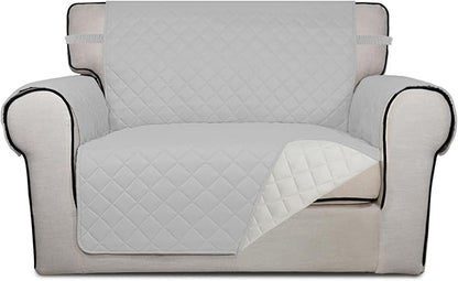 PureFit Reversible Quilted Sofa Cover, Water Resistant Slipcover Furniture Protector, Washable Couch Cover with Non Slip and Elastic Straps for Kids, Dogs, Pets (Oversized Chair, Light Gray/Ivory)