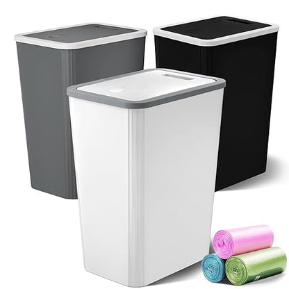 Small Trash Can, 3 Pack 4 Gallons Bathroom Garbage Can with Lid Press-Top, Small Waste Basket with Trash Bags, Slim Plastic Garbage Bin for Dorm, Office, Bedroom, Kitchen, Living Room (Multi)