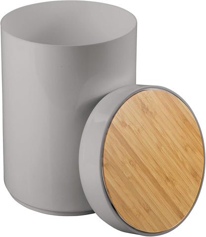 mDesign Plastic Round Trash Can Small Wastebasket - Garbage Bin Container with Swing-Close Lid - Bathroom Garbage Basket - Holds Waste, Recycling - 1.3 Gallon - Basa Collection - Gray/Natural