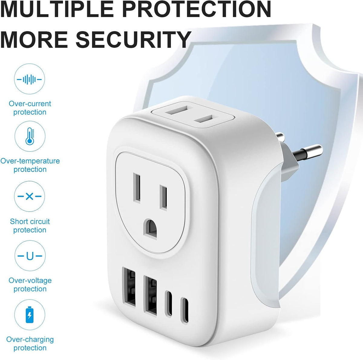 European Travel Plug Adapter, International Plug Adapter with 2 AC Outlets 4 USB Ports(2 USB C), Type C Europe Power Plug Charger for US to Europe EU France Spain Germany Iceland Italy