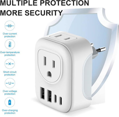 European Travel Plug Adapter, International Plug Adapter with 2 AC Outlets 4 USB Ports(2 USB C), Type C Europe Power Plug Charger for US to Europe EU France Spain Germany Iceland Italy