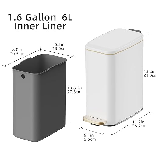 KUK Slim Bathroom Trash Can with Lid, 1.6 Gal / 6L Stainless Steel Small Garbage Bin with Detachable Inner Bucket, Step Pedal, Silent Close, Wastebasket for Toilet, Bedroom, Home, Office (White)