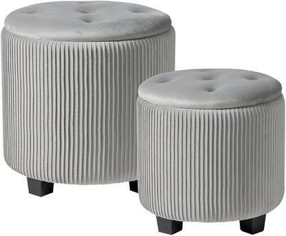 Big Round Ottoman with Storage Set of 2,Upholstered Velvet Vanity Stool for Makeup Multifunctional Foot Rest Coffee Table Padded Seat Tufted Ottomans for Living Room&Bedroom (Grey)