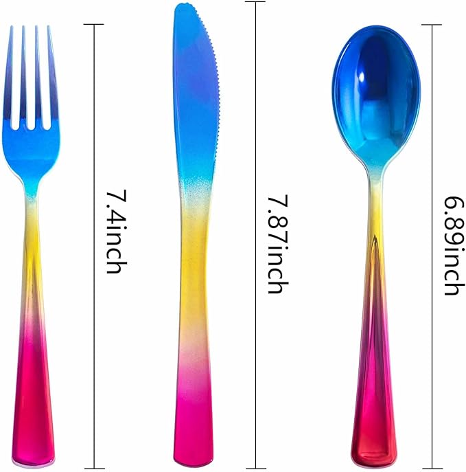 Supernal 120pcs Rainbow Plastic Silverware Set Colorful Party Utensils Blue Pink Gold Plastic Silverware Include 40 Rainbow Forks, 40 Gold Knives and 40 Blue Spoons for Trolls Party