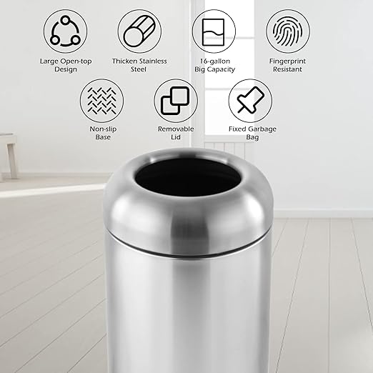 Dyna-Living Large Trash Can Outdoor Stainless Steel Garbage Can with Lid Open Top Tall Trash Bin Commercial Big Kitchen Garbage Bin Industrial Waste Container (Silver)