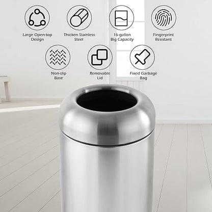 Dyna-Living Large Trash Can Outdoor Stainless Steel Garbage Can with Lid Open Top Tall Trash Bin Commercial Big Kitchen Garbage Bin Industrial Waste Container (Silver)