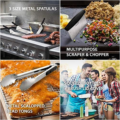 Metal Spatula and Scraper Set - Griddle Accessories kit - Grill Tongs Flat Spatula Pancake Flipper Hamburger Turner Squeeze bottles Set - Metal Utensil Great for BBQ Grill Flat Top Cast Iron
