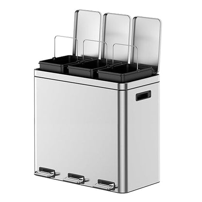 3 x 5.3 Gal (3 x 20L) Trash Can, Stainless Steel Triple Compartment Step-On Recycling Bin with Soft-Close Lids & Removable Plastic Inner Buckets for Kitchen, Home, Office