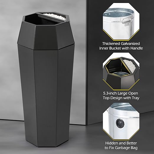 Dyna-Living Commercial Heavy-Duty Trash Cans Outdoor Garbage Can with Lid Large Trash Cans with Inside Cabinet for Patio, Black Stainless Steel Garbage Can Commercial Indoor Trash Bin for Lobby