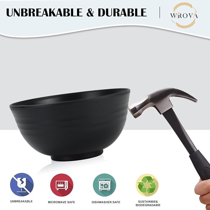 Wheat Straw Bowl Sets,8 PCS Unbreakable Cereal Bowls 26 OZ,Microwave and Dishwasher Safe Bowls,Alternative Plastic Bowl Reusable for cereal,salad,snack and soup (Pure Black)