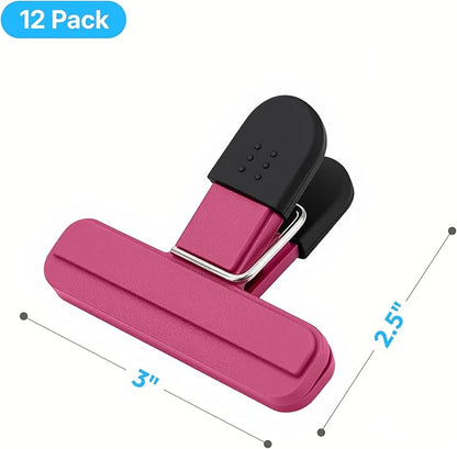 OWLKELA Chip Clips, 12 Pack Colors Wide Open Bag Clips for Food Storage, Heavy Duty Seal Grip Plastic Food Clip for Snack, Food Packages (3 inch x 2.5 inch)