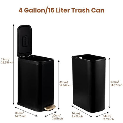 BETHEBEST Bathroom Trash Can with Lid Soft Close,Stainless Steel Step Trash Can with Removable Inner Wastebasket,Black Garbage Can for Bathroom,Bedroom,Kitchen(15 Liter/4 Gallon)