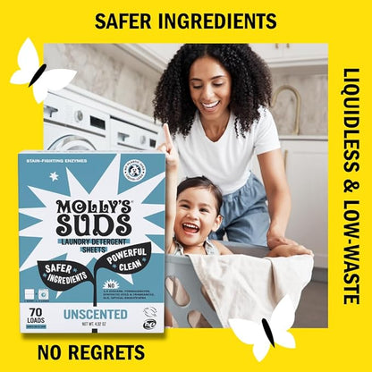 Molly’s Suds Laundry Detergent Sheets | Gentle on Sensitive Skin, Powerful Bio-Based Enzymes, Stain-Fighting | Liquidless & Plastic-Free Packaging | 70 Loads (Unscented)
