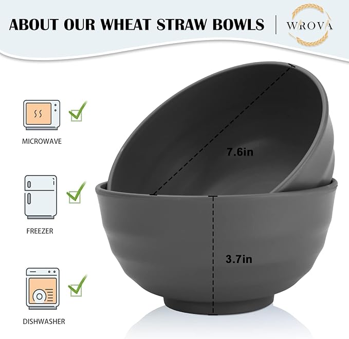 Wheat Straw Bowls Set 60 OZ Unbreakable Large Cereal Bowls Set of 6 Microwave and Dishwasher Safe Bowls Big Bowls for Apartment and Dorm BPA Free Soup Bowl for Serving Oatmeal and Salad (Deep Gray)