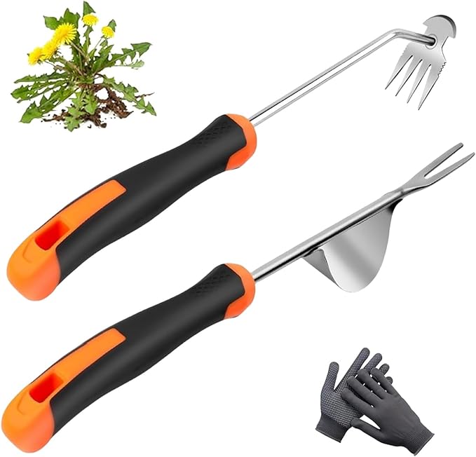 Weed Puller Tool， New Garden Weeder Tool Stainless Steel Hand Weeder Tool,4 Teethes Dual Purpose Weed Remover Tool Weeding Tools for Gardening(2PCS)