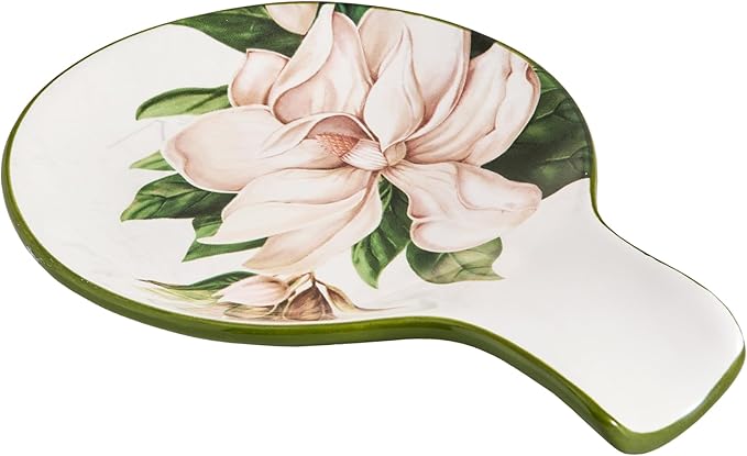 Bico Magnolia Floral Spoon Rest for Stove Top, Ceramic Spoon Holder for Kitchen Counter, Easy to Clean Coffee Spoon Rest Dishwasher Safe, Kitchen Cooking Utensil Rest for Ladles Spatula