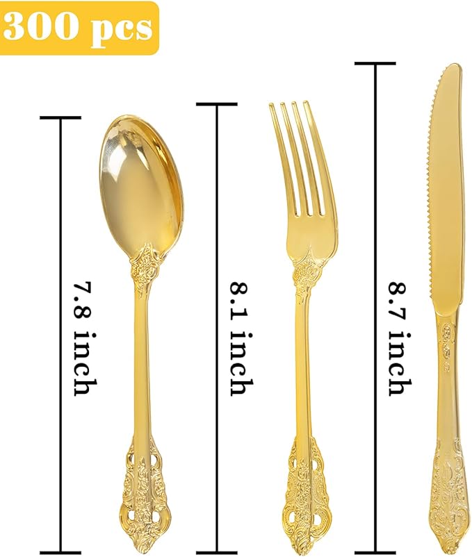 bUCLA 300PCS Gold Plastic Silverware Disposable - Heavy Duty Plastic Cutlery - Gold Disposable Utensils Set - Include 100 Knives, 100 Forks, 100 Spoons for Party & Thanksgiving