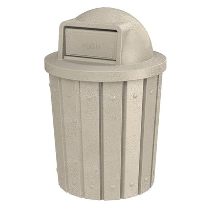 42 Gallon Slated Circle 100% Recycled Plastic Commercial Outdoor or Indoor Trash Can with Push Open Dome Lid and Internal Liner | Great for Schools and Businesses - Beige Granite