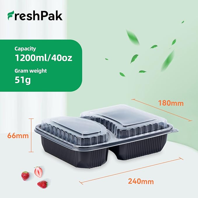 Takeout Containers Reusable 40 Pack 40oz - Shrink Wrap Leakproof | Portion Control Leftovers Plastic Container with Lid | BPA Free Freezer & Microwave Safe Meal Prep | 2 Compartment Lunch Box