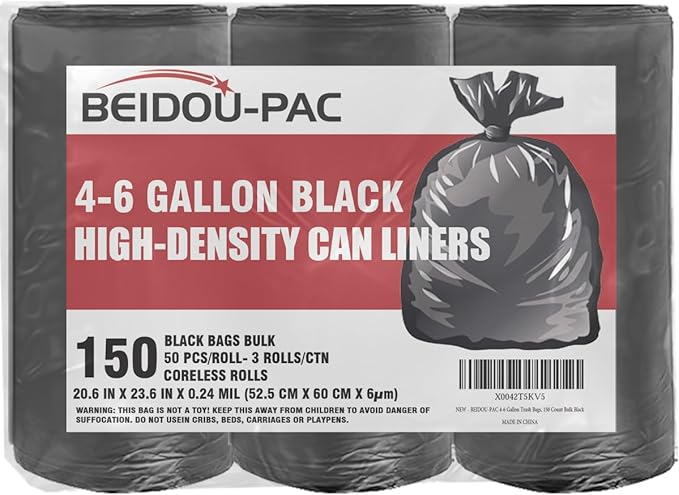 4-6 Gallon Trash Bags, 150 Count Black Garbage bags, Multi-purpose Trash Can Bin Liners for Bathroom, Office, Industrial, Commercial, Janitorial, Municipal, Recycling