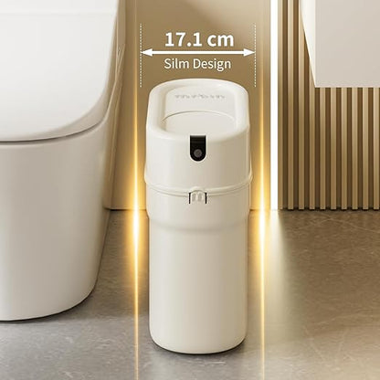 MRBIN Slim Automatic Bathroom Trash Can, 10L/2.6gal Touchless Pull Out Bagging Motion Sensor Waste Basket, Electric Smart Garbage Pail for Narrow Rv, Kitchen, Bedroom, White