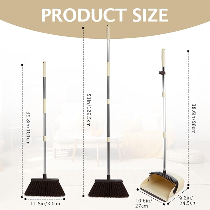 Broom and Dustpan Set with Long Handle, Heavy Dust Broom and Dustpan Combo for Home，Kitchen, Office, Pet Hair(Beige)