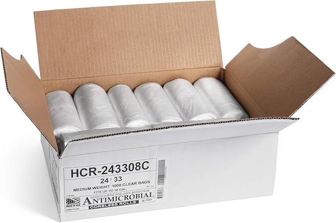 Aluf Plastics High Density Trash Bags, 16 Gallon, 1000 Count, 8 Micron (eq), 24" x 33", Clear, for Bathroom, Office, Industrial, Commercial, Janitorial, Municipal, Recycling