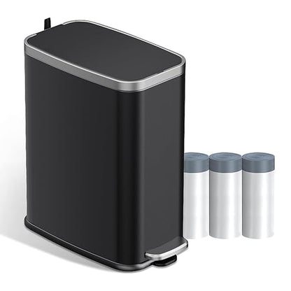 Stainless Steel Bathroom Trash Can with Lid Soft Close,1.6 Gallon Slim Garbage can,Small Metal Step Wastebasket for Office, Bedroom, Toilet, Black