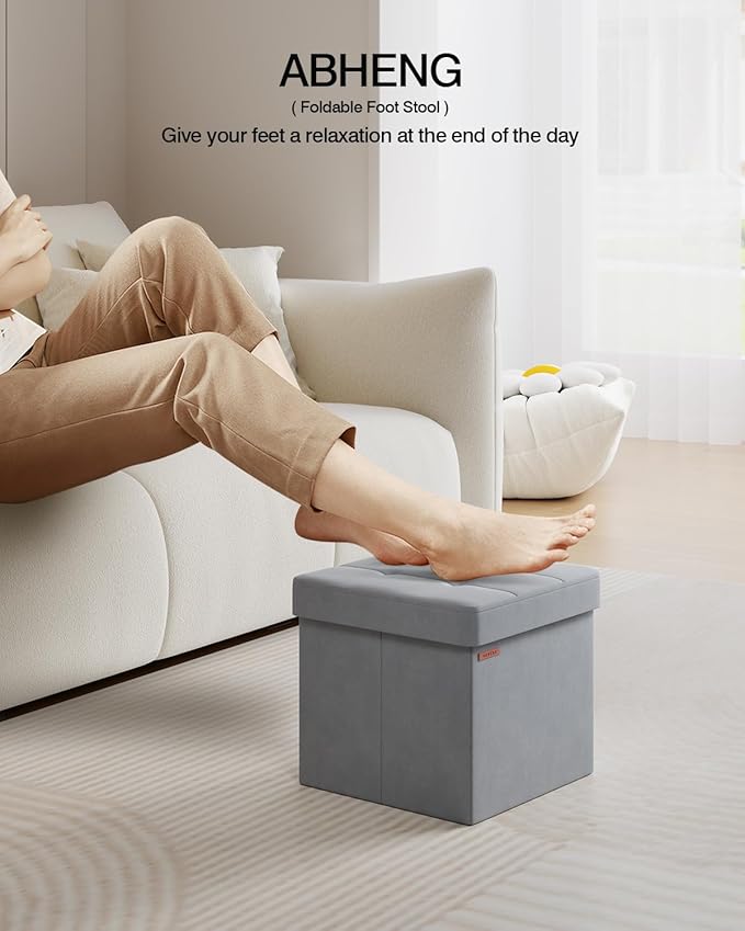 Folding Storage Ottoman, Velvet Storage Bench, Footrest, Footstool, for Living Room, Bedroom and Office,15 x 15 x 15 Inches, 300 kg Load Capacity, Dove Gray UASND04G