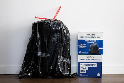 Ultra Strong 30 Gallon Drawstring Trash Bags, Unscented 120 Count Garbage Bags, Pre-Separated, Recycled Materials, Heavy Duty, Leakproof, Sturdy, Black