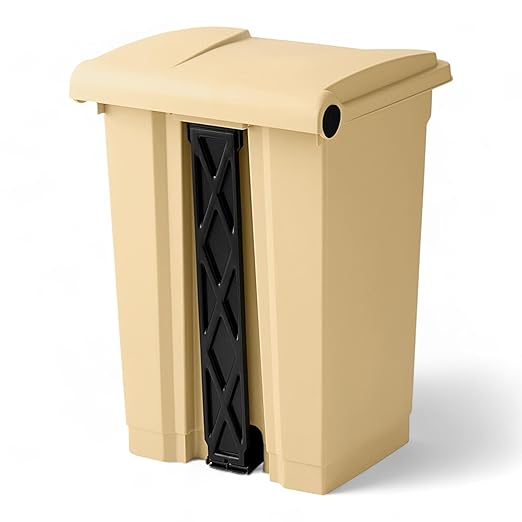 PRO&Family Step-On Trash Can with Lid, Plastic Waste Bin, Foot Pedal Operation (Biege, 12 Gallon)