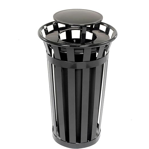 Global Industrial 24 Gallon Heavy-Duty Outdoor Metal Slatted Round Trash Receptacle with Rain Bonnet Lid, Powder Coat Finish, 23" Diameter x 41-3/4"H, Black